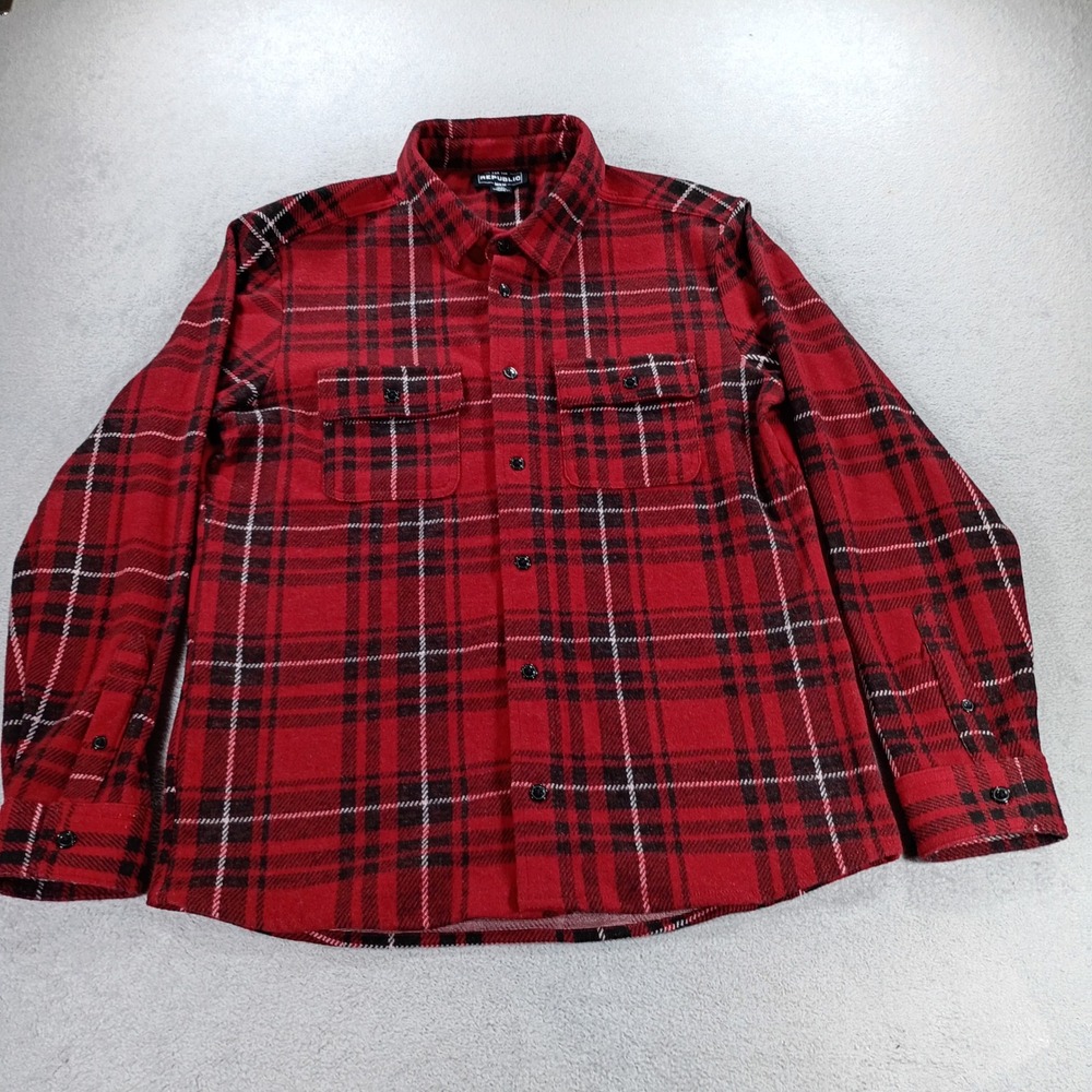 For The Republic Mens Flannel Shirt Red Black Plaid Medium Button Down